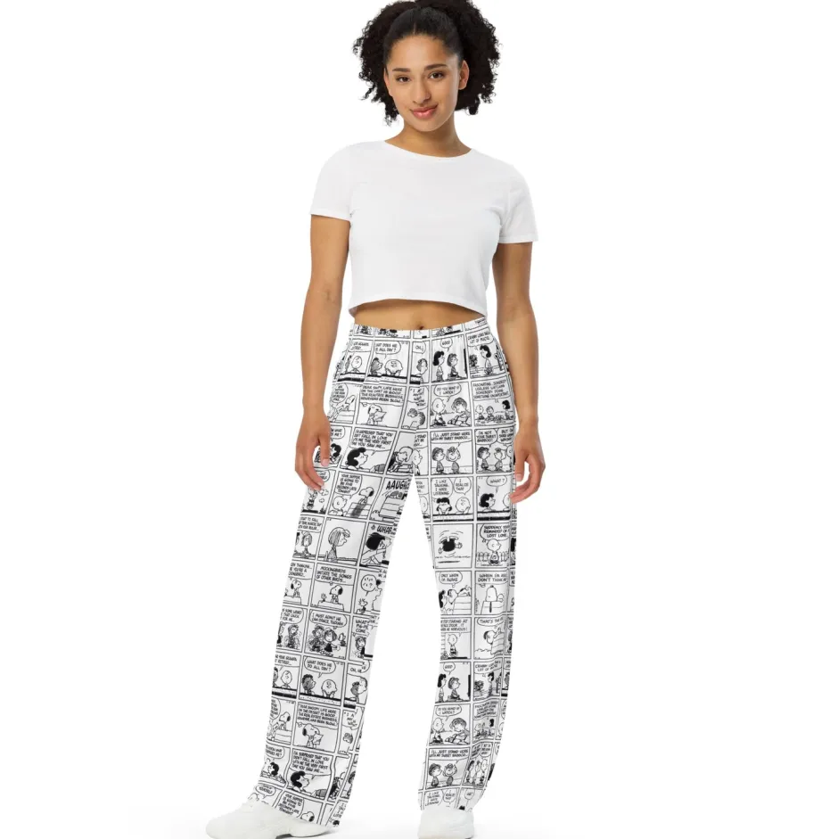 Clearance Comic Stripes Black and Adult Wide Leg Pants Snoopy | Schroeder