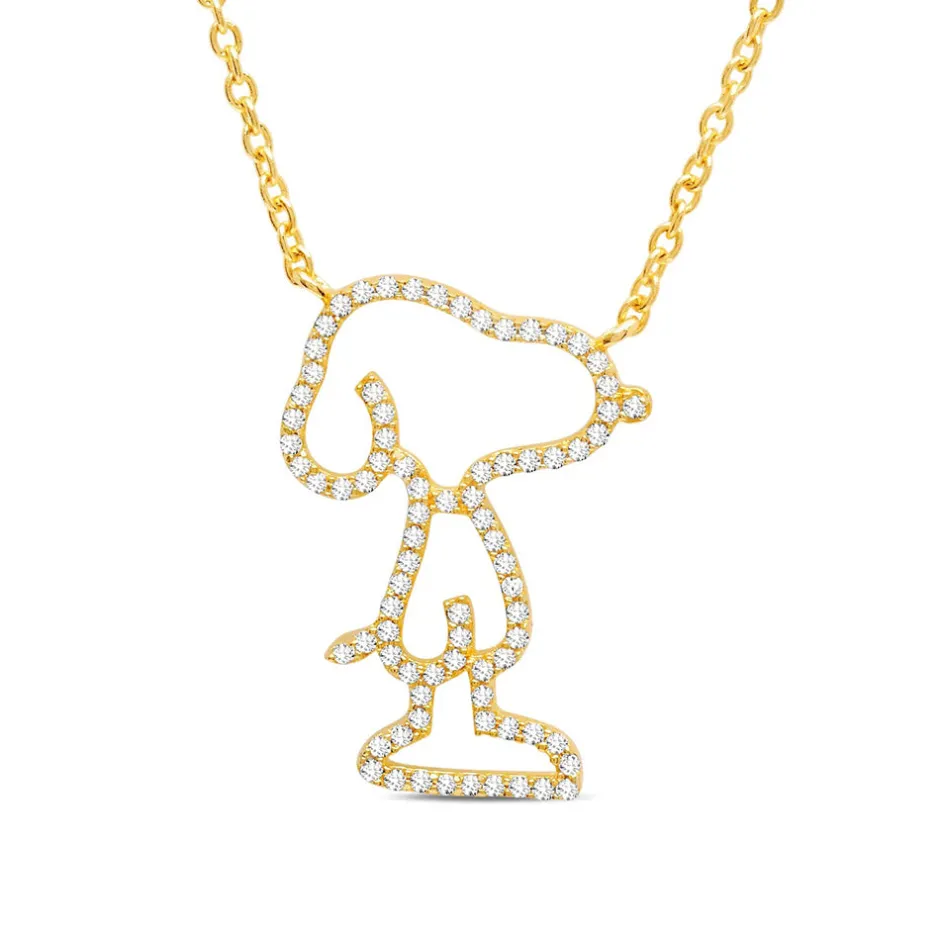 Clearance Snoopy Pave Silhouette .925 Sterling Silver Necklace Finished in 18kt Yellow Gold Jewelry