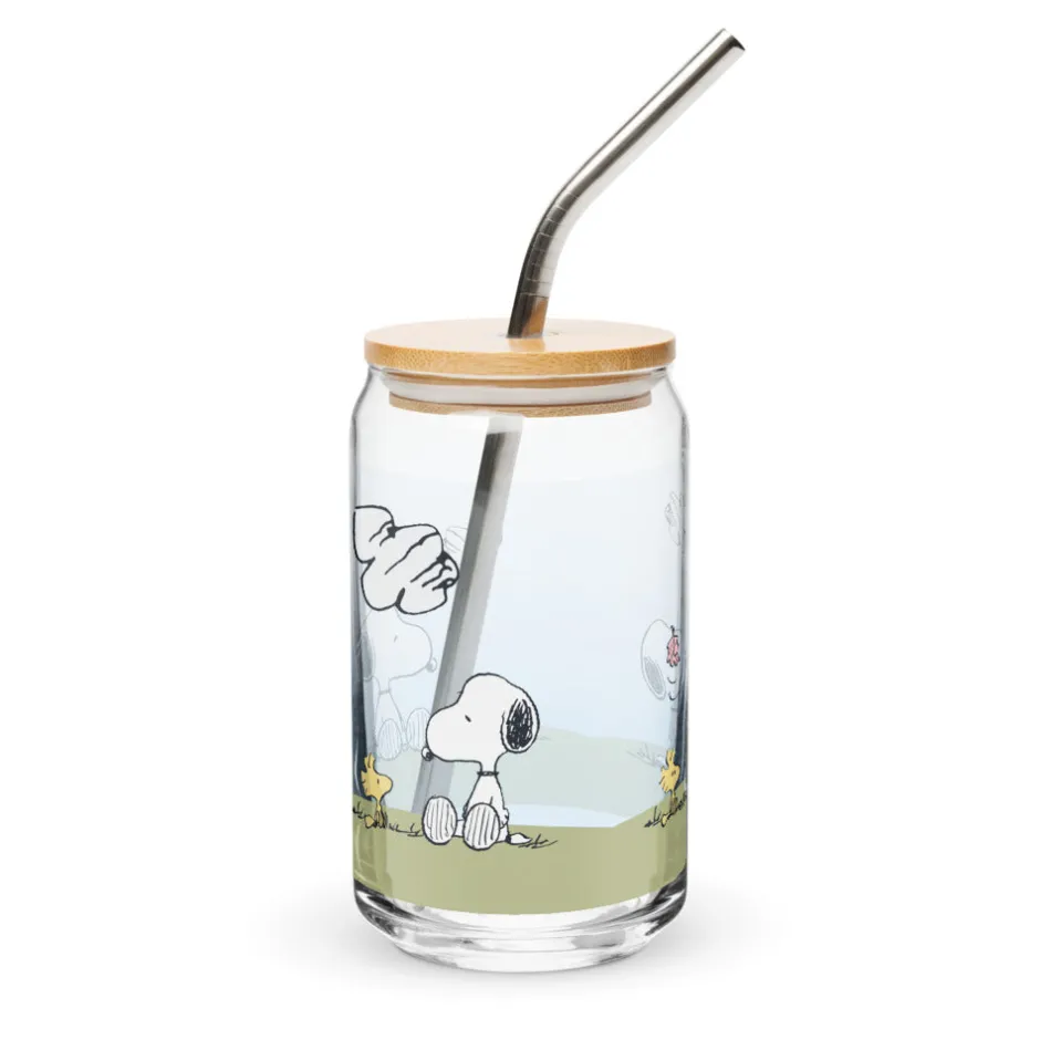 Fashion Woodstock And Snoopy Sequence Can Shaped Glass With Lid And St Woodstock