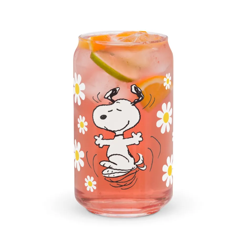Hot Snoopy and Woodstock with Flowers Personalized Can Shaped Glass Woodstock | Snoopy