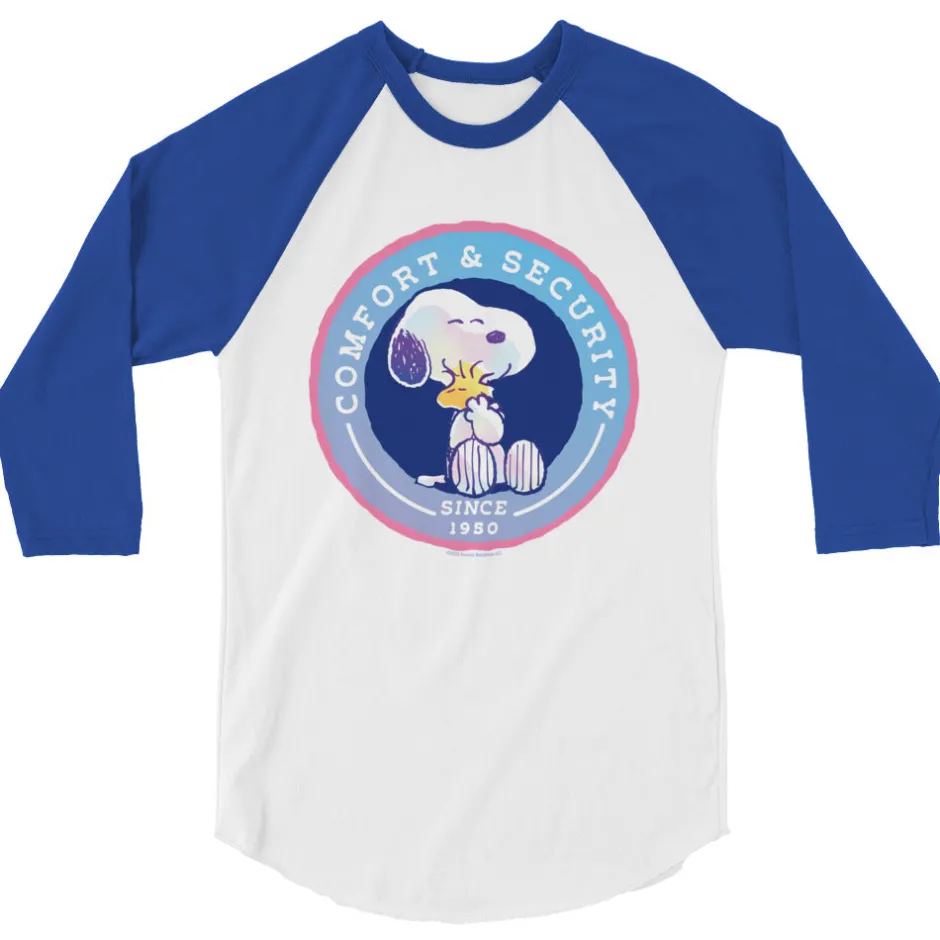 Discount 75 Years of Comfort And Security Adult Raglan T-Shirt Woodstock | Snoopy