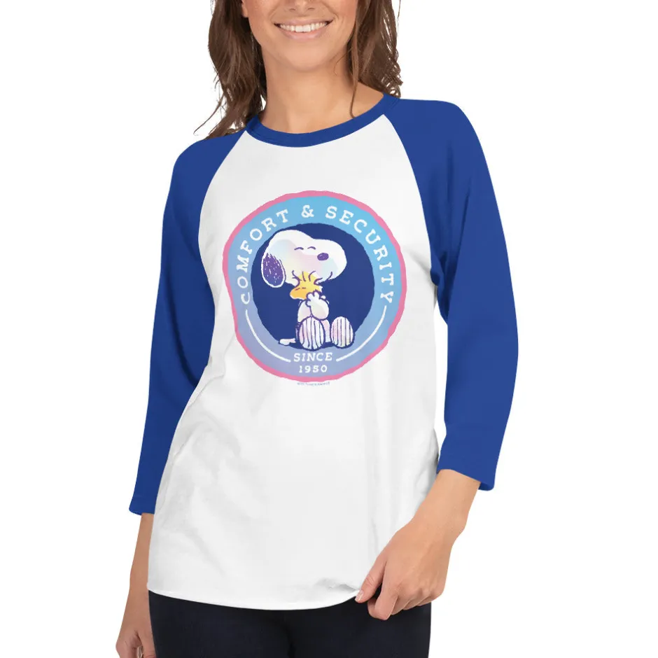 Discount 75 Years of Comfort And Security Adult Raglan T-Shirt Woodstock | Snoopy